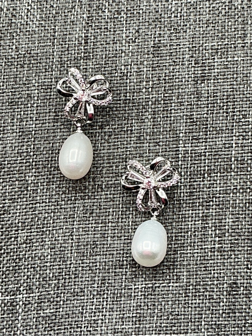 Silver Plated S925 marked White Pearl Bow Earrings